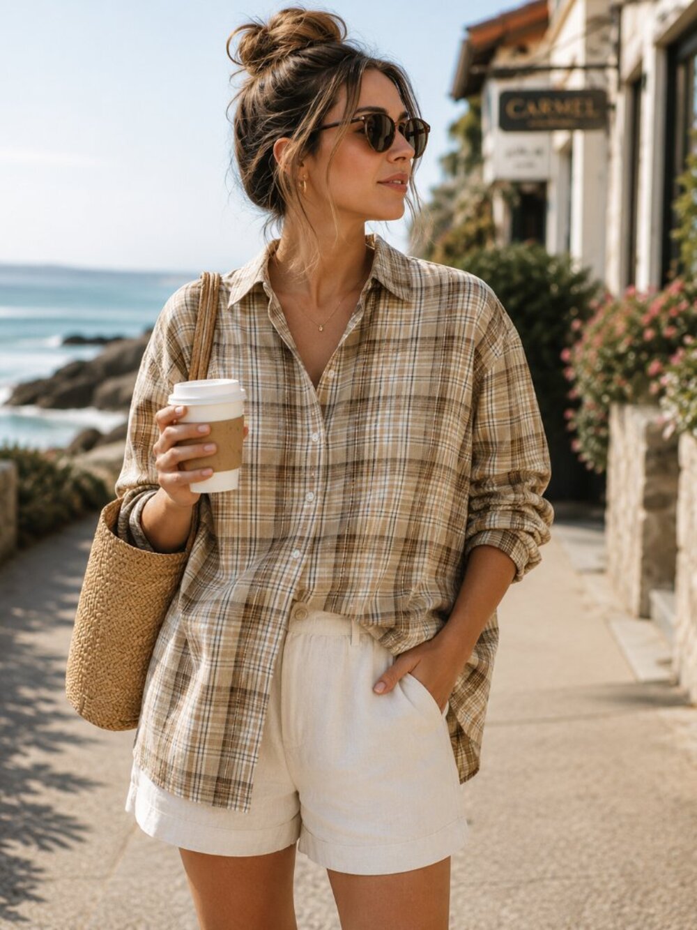 Everlane Supima Cotton Oversized Plaid Button Up Shirt Small Neutral Khaki - Picture 1 of 7